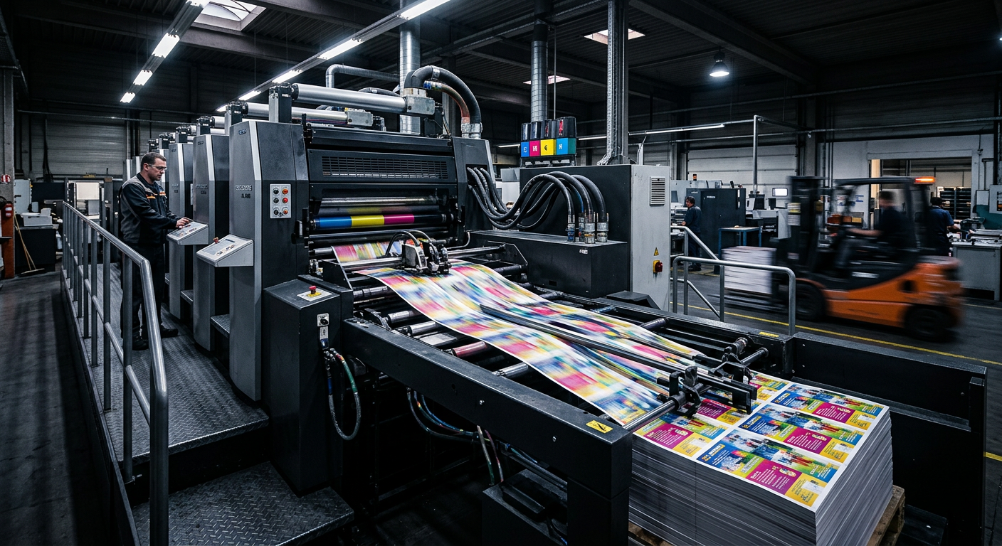 Presse d'impression produisant des milliers de flyers en couleur
