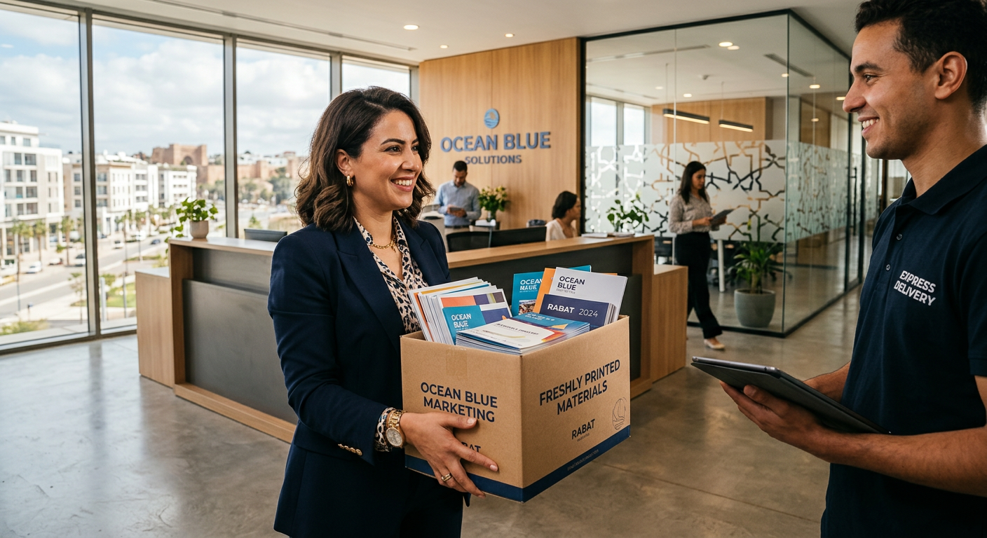 Professionnel à Rabat recevant des supports imprimés dans son bureau moderne